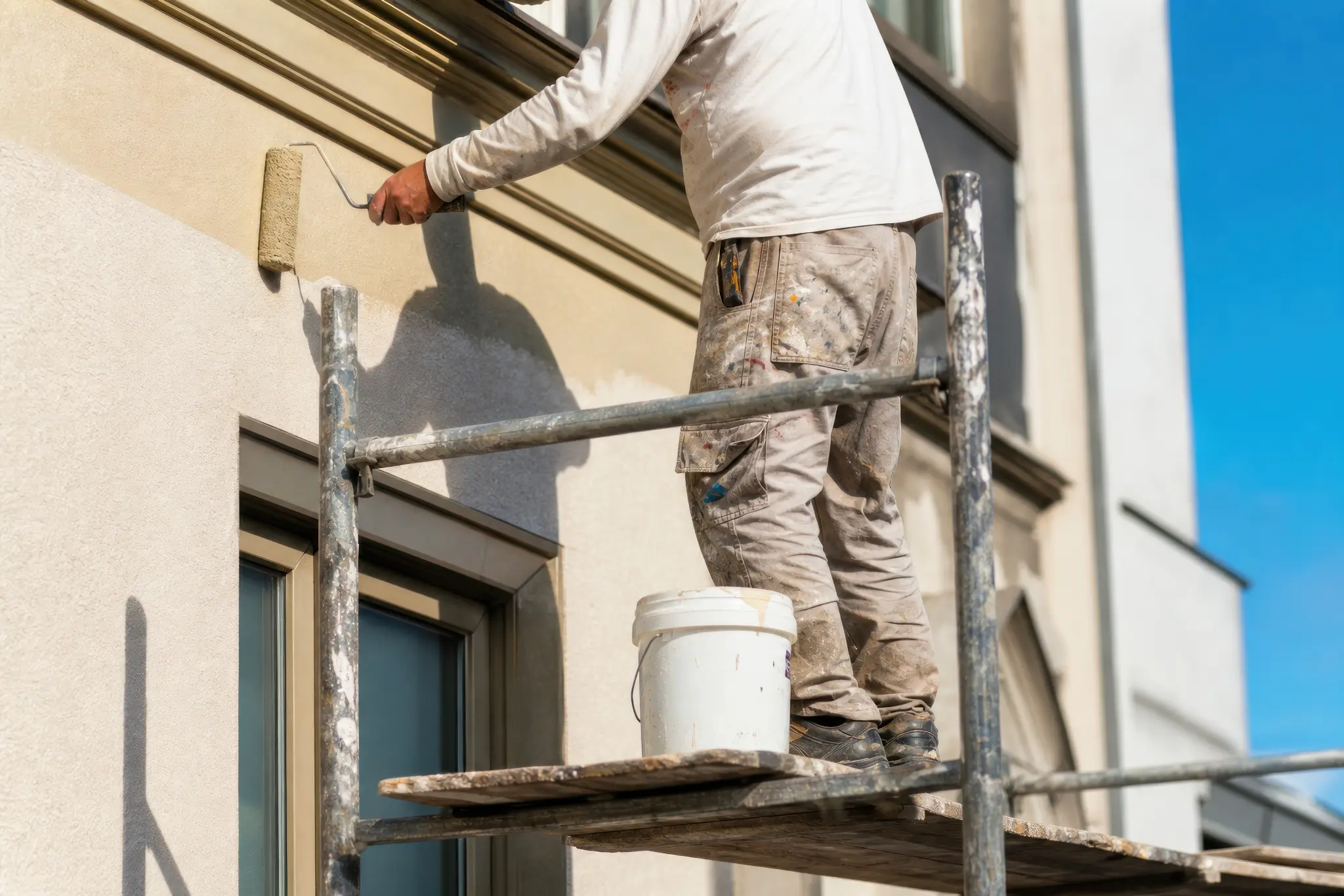Painter applying exterior coating on a light commercial project