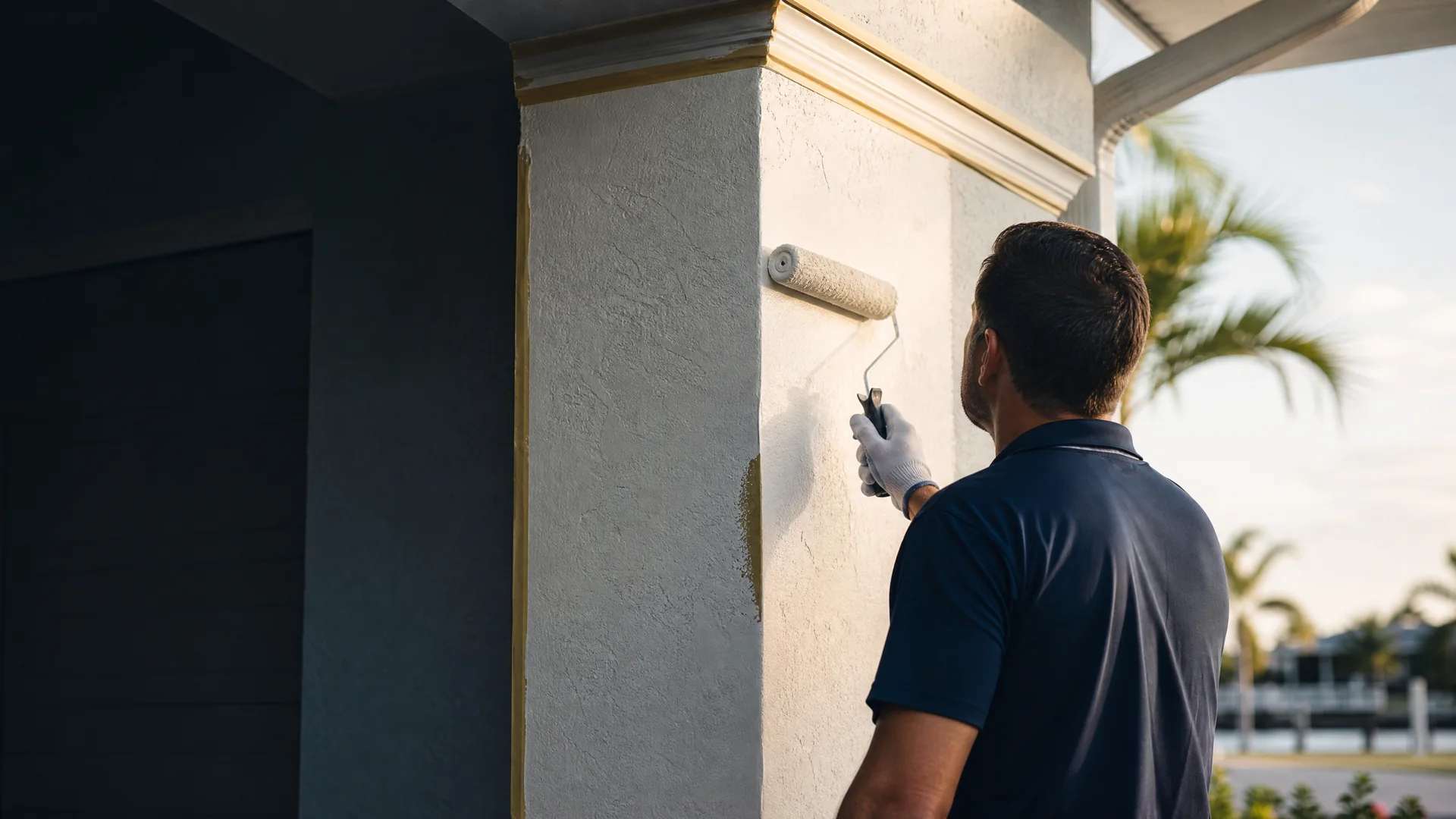 Professional painter carefully back-rolling a prepared stucco exterior